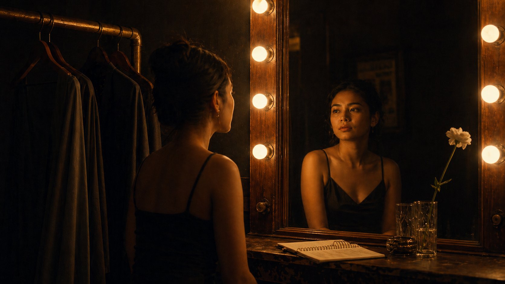 A young performer at a vintage Hollywood vanity mirror, preparing herself before stepping onto the HOTA Live stage.