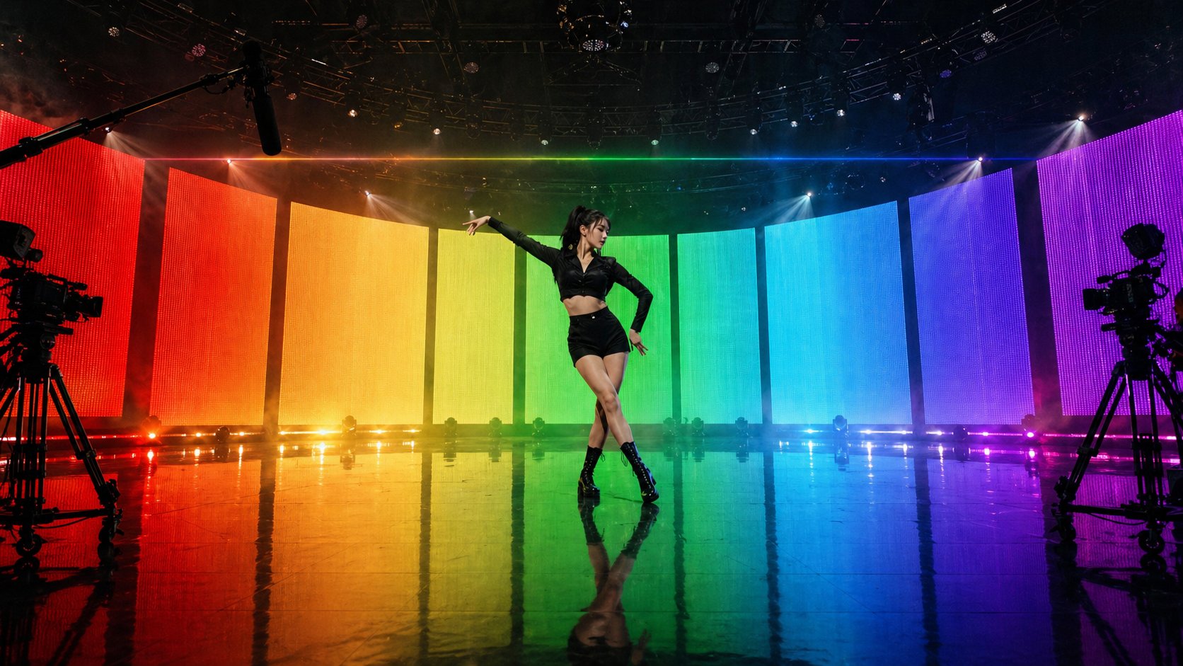 A dancer at the center of a curved wall of full-spectrum rainbow LED panels in the HOTA MEDIA broadcast studio.