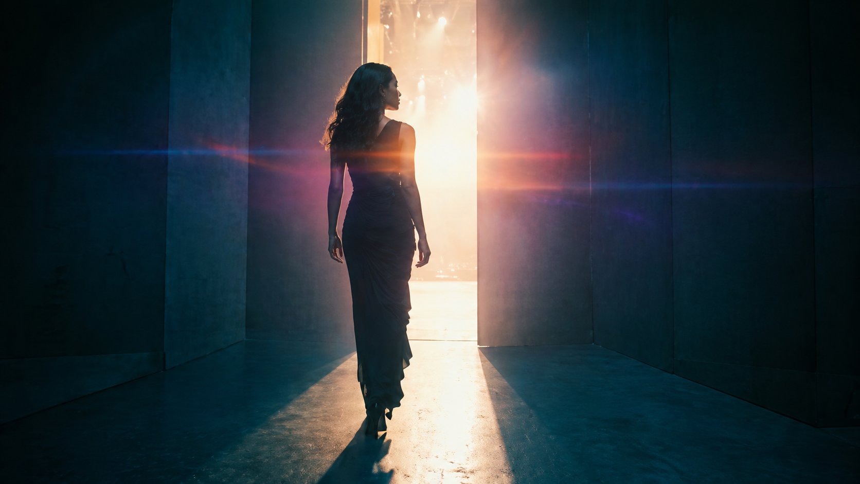 A performer in elegant silhouette walking through a doorway into bright stage light.