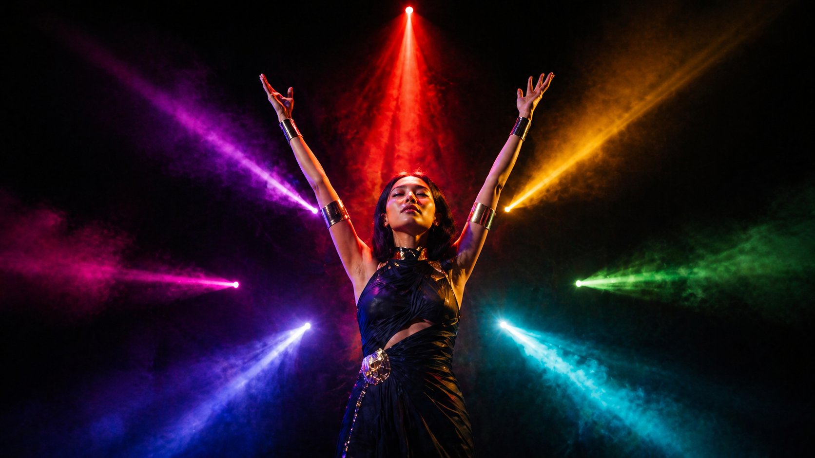 A HOTA MEDIA streamer at the climax of her performance, arms raised, surrounded by converging multi-colored stage lights.